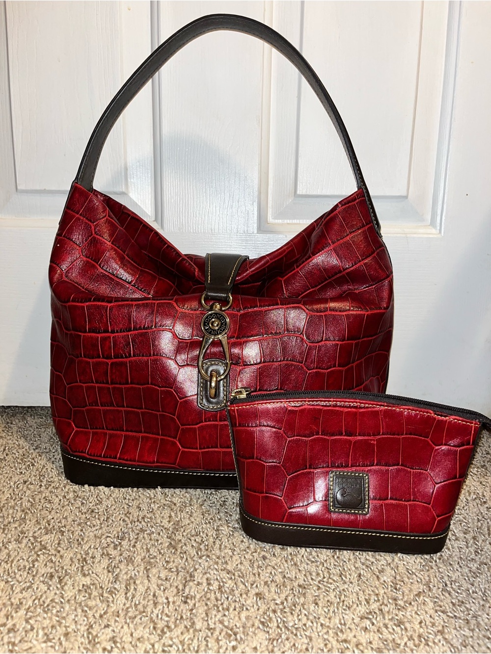 Dooney & Bourke Red Croc-Embossed Shoulder Bag with matching cosmetic case